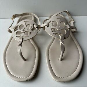Coach Women's Signature C Cutout Logo Thong Sandals Ankle Strap Cream Beige Sz 8
